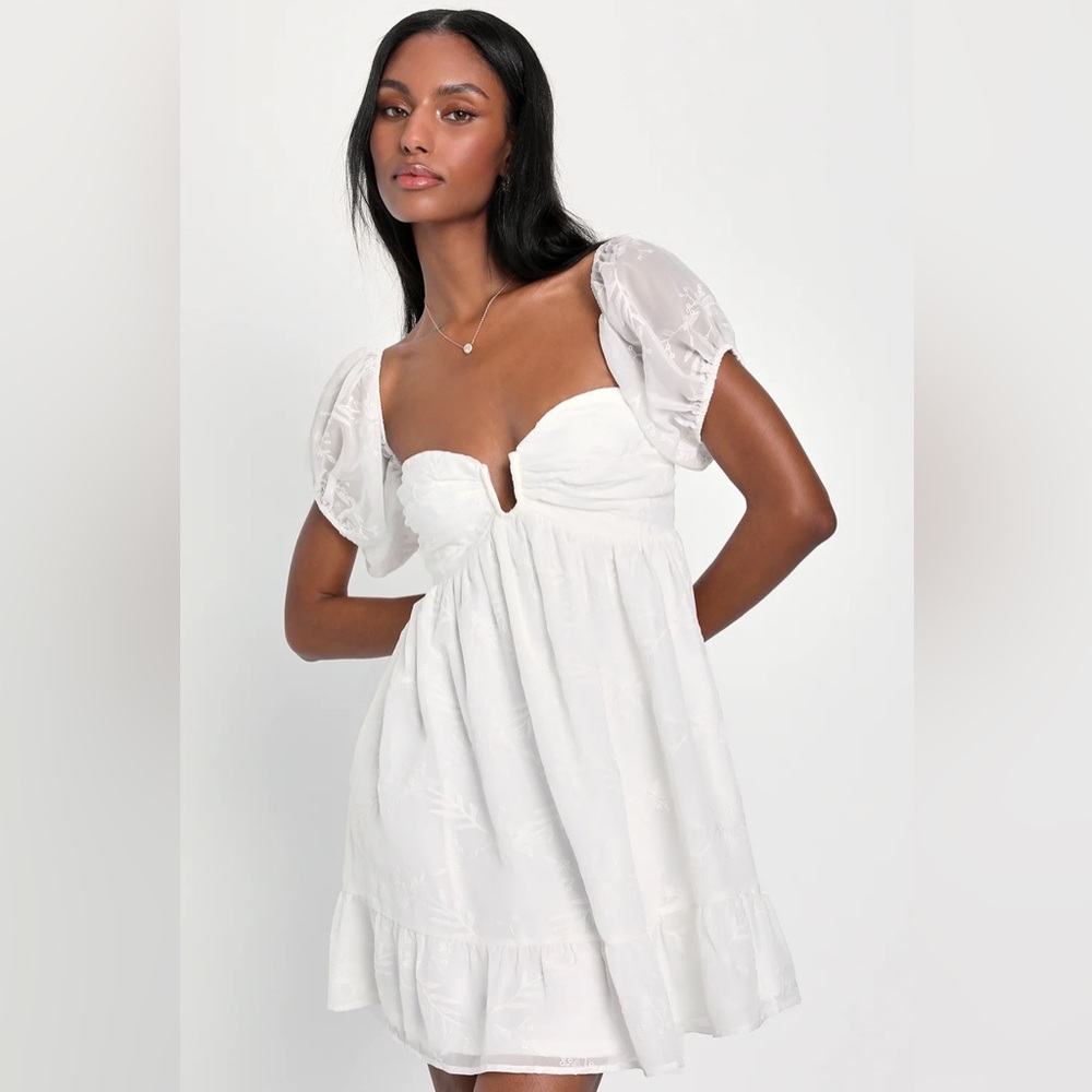 Lulus NWOT Cutest Icon White Embroidered Off-the-Shoulder Mini Dress - Picture 3 of 12